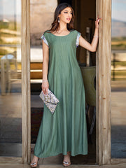 15044 Daily Versatile Abaya Two-Piece Set | Green Dress & Floral Outer Cape, Beads Help Effortlessly Master Multiple Occasions