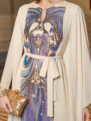 019 Beige Symphony Butterfly Sleeve Dress, Arabian Long Dress Middle East Women's Clothing