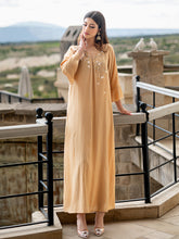 15087 Minimalist Beige Abaya Maxi Dress – Beaded Details Enhance Style, Combining Loose Comfort with Fashion Sense