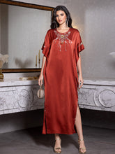 15140 Burgundy Silk Abaya Dress – Glittering Bead Embellishments & High Slit, Exude Luxurious Aura in Formal Events