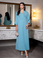 15136 A Must-Have for Detail Lovers! Dusty Blue Abaya Dress with Beaded Tassel Embellishments, Maximizing Delicate Appeal