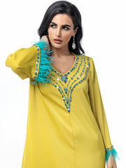 15089 Middle Eastern robe sewn diamond robe splicing feathers women's elegant dress