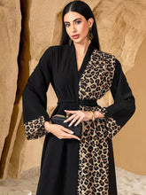 15146 Leopard print color matching dark V cardigan jacket with belt long, large size women's dress