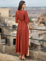 15015 Stylish Eye-Catching Abaya Maxi Dress! Color-Block Design + Floral Beads, Waist-Tie Cut Shows Refinement