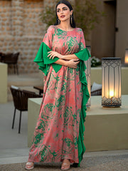 15061 Summer Jacquard Print Vacation Travel Crew Neck Vintage Long Dress Flesh Gown