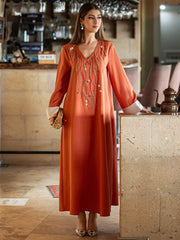 15007 Middle Eastern Style Orange Rhinestone Embellished V-Neck White Cuff Long Sleeve Maxi Dress - Elegant Decorated Abaya Gown