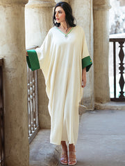 15078 new color matching v-neck dress, light, cool, soft and breathable casual long dress for women