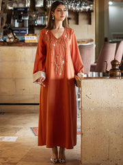 15007 Middle Eastern Style Orange Rhinestone Embellished V-Neck White Cuff Long Sleeve Maxi Dress - Elegant Decorated Abaya Gown