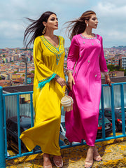 15089 Middle Eastern robe sewn diamond robe splicing feathers women's elegant dress