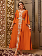 4070 Hand-Swen Bead Embellshments Rhinestone Long Abaya, Elegant Rmantic Glamorous Vacation Fantasy Short Sleeve