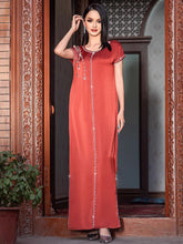 Brick Red Embossed Rhinestone Maxi Dress
