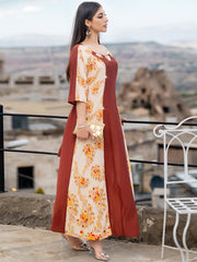 15015 Stylish Eye-Catching Abaya Maxi Dress! Color-Block Design + Floral Beads, Waist-Tie Cut Shows Refinement