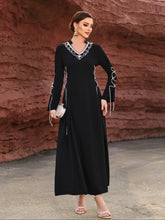 Black White-Trim V-Neck Flared-Sleeve Gown