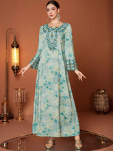 Mint Leaf-Print Flared-Sleeve Maxi Dress