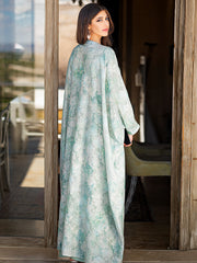 15042 Vintage Elegant Abaya | Light Green Floral Body, Diamond and Bead Edges Show Style