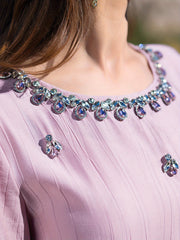 5050 pink long dress Arabian robe, exquisite beaded neckline, embroidered decoration, a must-have loose and thin robe for parties and Ramadan