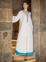 15013 Vintage Ethnic Abaya White Dress | Blue-Silver Beads Highlight, Tassel Hem Interprets Exotic Flair