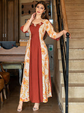 15015 Stylish Eye-Catching Abaya Maxi Dress! Color-Block Design + Floral Beads, Waist-Tie Cut Shows Refinement