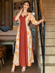 15015 Stylish Eye-Catching Abaya Maxi Dress! Color-Block Design + Floral Beads, Waist-Tie Cut Shows Refinement