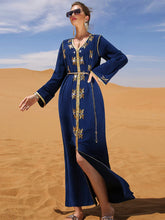 Navy Blue Rhinestone Gold-Trim Maxi Dress