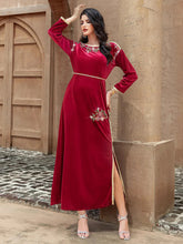 15164 burgundy velvet hand-sewn rhinestones and gold webbing dress long dress toasting dress