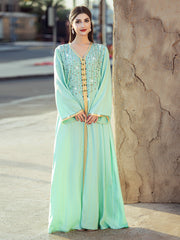 4138 Middle Eastern Style Light Green Gold Rhinestone Bead Embellished Belted Long Sleeve Maxi Dress - Elegant Decorated Gown