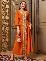 4070 Hand-Swen Bead Embellshments Rhinestone Long Abaya, Elegant Rmantic Glamorous Vacation Fantasy Short Sleeve