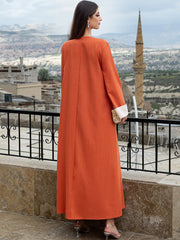 15007 Middle Eastern Style Orange Rhinestone Embellished V-Neck White Cuff Long Sleeve Maxi Dress - Elegant Decorated Abaya Gown