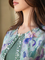 15044 Daily Versatile Abaya Two-Piece Set | Green Dress & Floral Outer Cape, Beads Help Effortlessly Master Multiple Occasions