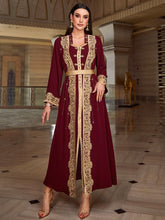 Burgundy Gold-Lace Belted Maxi Dress