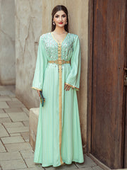 4138 Middle Eastern Style Light Green Gold Rhinestone Bead Embellished Belted Long Sleeve Maxi Dress - Elegant Decorated Gown