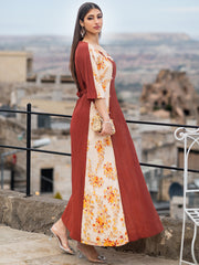 15015 Stylish Eye-Catching Abaya Maxi Dress! Color-Block Design + Floral Beads, Waist-Tie Cut Shows Refinement