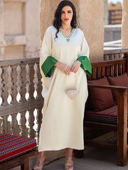 15078 new color matching v-neck dress, light, cool, soft and breathable casual long dress for women