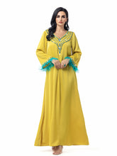 15089 Middle Eastern robe sewn diamond robe splicing feathers women's elegant dress
