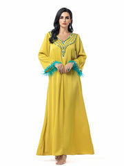 15089 Middle Eastern robe sewn diamond robe splicing feathers women's elegant dress