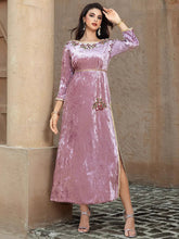 15164 lotus root pink velvet hand-sewn rhinestones and gold webbing dress, new toast dress