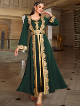 Dark Green Gold-Embroidered Belted Dress