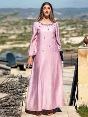 5050 pink long dress Arabian robe, exquisite beaded neckline, embroidered decoration, a must-have loose and thin robe for parties and Ramadan