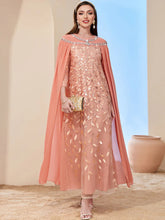 Leaf-Embroidered Mesh Cape Dress