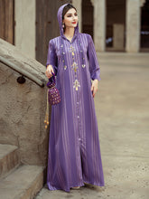 Purple Striped Beaded Bell-Sleeve Dress