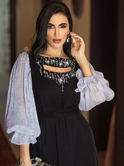 15014 high-end glass-inlaid diamond women's clothing splicing chiffon lantern sleeve A-shaped long dress