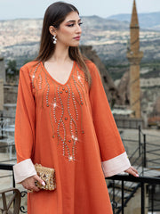 15007 Middle Eastern Style Orange Rhinestone Embellished V-Neck White Cuff Long Sleeve Maxi Dress - Elegant Decorated Abaya Gown
