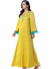 15089 Middle Eastern robe sewn diamond robe splicing feathers women's elegant dress