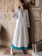 15013 Vintage Ethnic Abaya White Dress | Blue-Silver Beads Highlight, Tassel Hem Interprets Exotic Flair