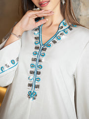 15013 Vintage Ethnic Abaya White Dress | Blue-Silver Beads Highlight, Tassel Hem Interprets Exotic Flair