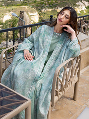 15042 Vintage Elegant Abaya | Light Green Floral Body, Diamond and Bead Edges Show Style