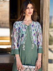 15044 Daily Versatile Abaya Two-Piece Set | Green Dress & Floral Outer Cape, Beads Help Effortlessly Master Multiple Occasions