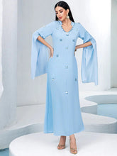 15133 new light blue super long-sleeved hand-sewn glass rhinestone dress Middle East women's clothing spot