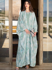 15042 Vintage Elegant Abaya | Light Green Floral Body, Diamond and Bead Edges Show Style