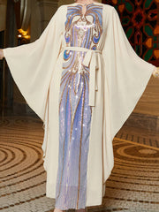 019 Beige Symphony Butterfly Sleeve Dress, Arabian Long Dress Middle East Women's Clothing